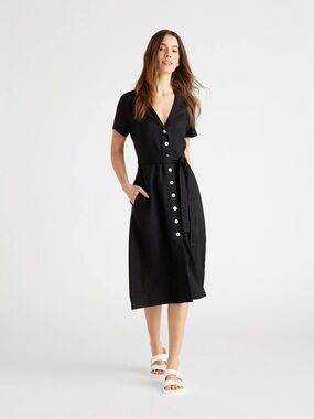 Quince European Linen Black Button-Front Midi Tie Waist Dress
